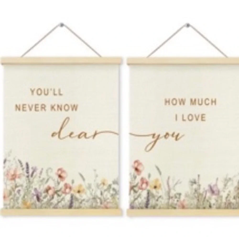 Wildflower Nursery Decor Hanging Canvas Scroll Wall Art Set of 2 Wood Frame